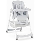 Meetaglow Baby High Chair, Foldable Convertible High Chair for Babies &amp; Toddlers, Adjustable Height &amp; Recline with Removable Double Tray, PU Cushion, Storage Basket, Easy to Clean, Gray