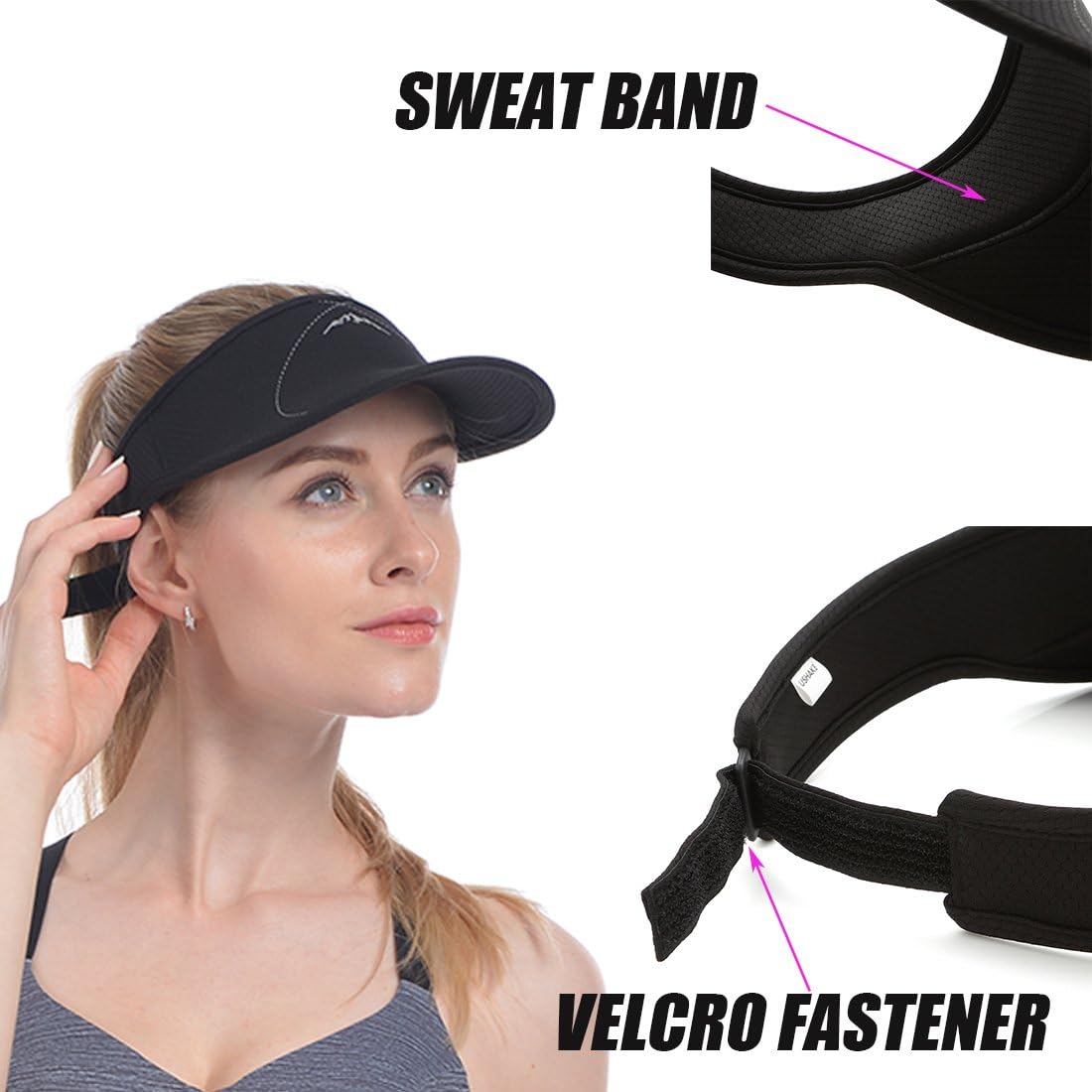 USHAKE Sports Visor for Man or Woman in Golf Running Jogging with Black/White/Rose Red Colors (Black) : Clothing