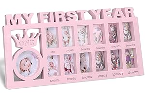Elfzone My First Year Picture Frame - Baby First Year Photo Frame for Baby 12 Month Picture Frame and Growth Record, Pink