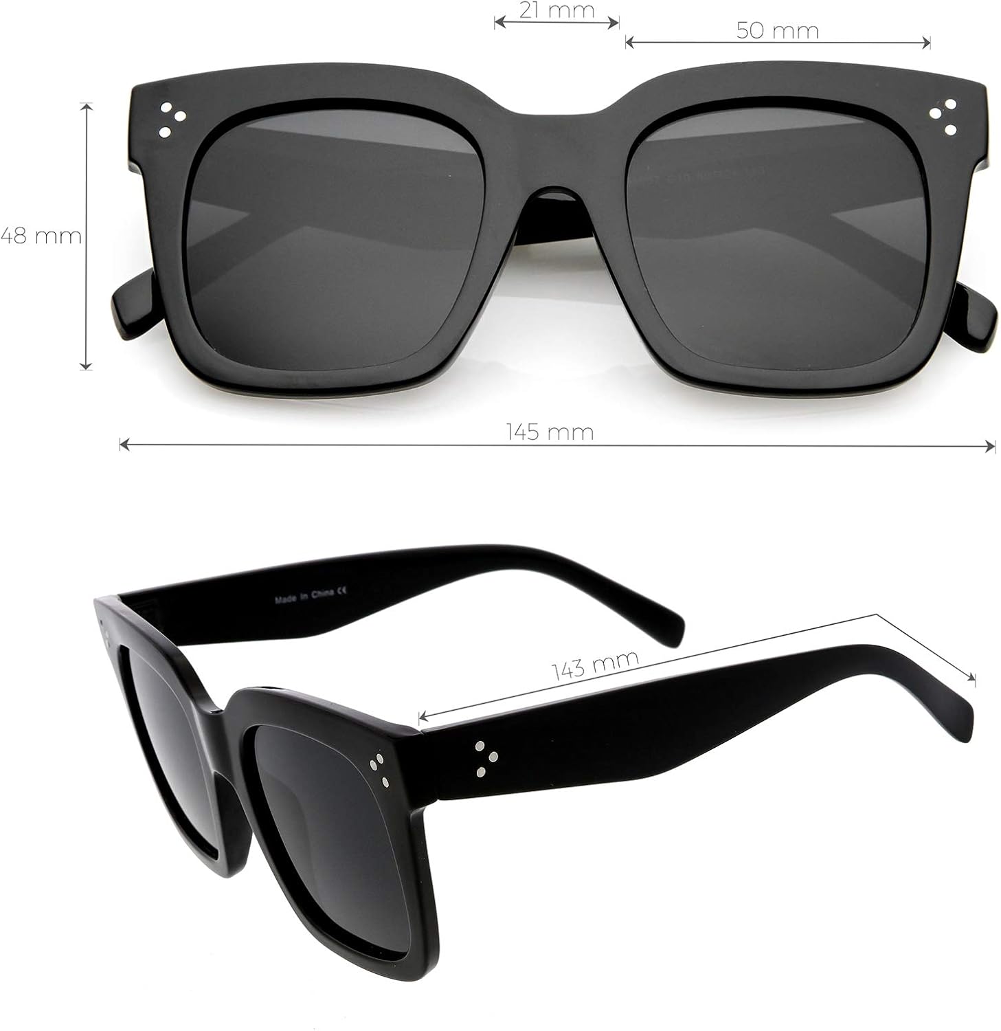 zeroUV - Bold Flat Lens Oversized Square Frame Horn Rimmed Sunglasses 50mm (Shiny Black/Smoke): Clothing