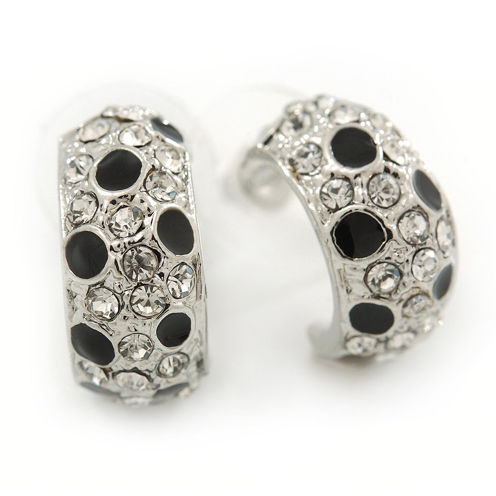 Clear Crystal Black Enamel C-Shape Half Hoop Earrings/Silver Tone/ 18mm L
