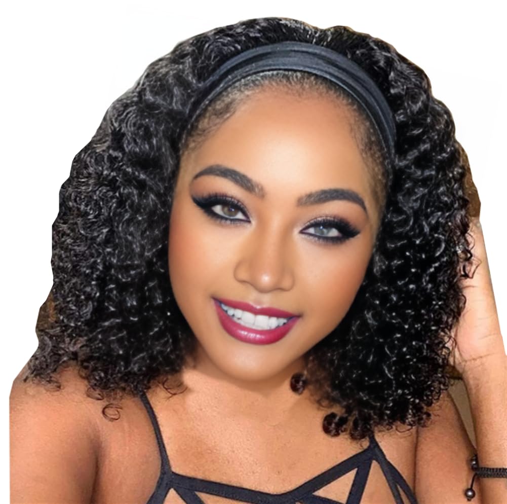 Photo 1 of OYSRONG Women Shoulder-length Black Color Twist Crochet Wavy Headband Afro Wig, with Black Headband Attached Black Color Wavy Wrap Wigs, with Turban Head-wrap Afro Half Wig