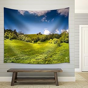 Beautiful View of Rural Alpine Landscape. Sunny Hills Under Cloudy Sky - Fabric Wall Tapestry Home Decor - 51x60 inches