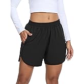 SILKWORLD Women's Running Shorts Hight Waist 5" Summer Athletic Gym Workout Fashion Short with Liner and Zipper Pockets