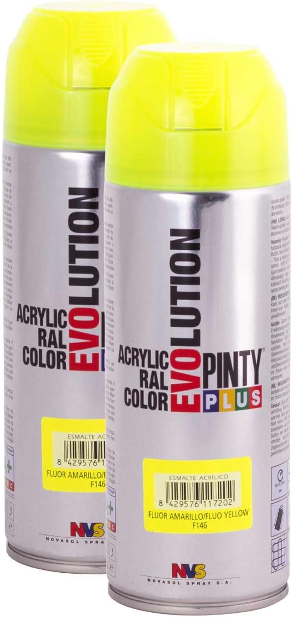 Pintyplus Evolution Spray Paint - Fluorescent Yellow - F146 - Pack of 2 - Fast Dry, Acrylic Spray Paint for Metal, Wood, Stone, Cardboard and Paper