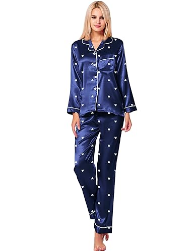 SWOMOG Womens Silk Satin Pajamas Long Sleeve Loungewear Two-Piece