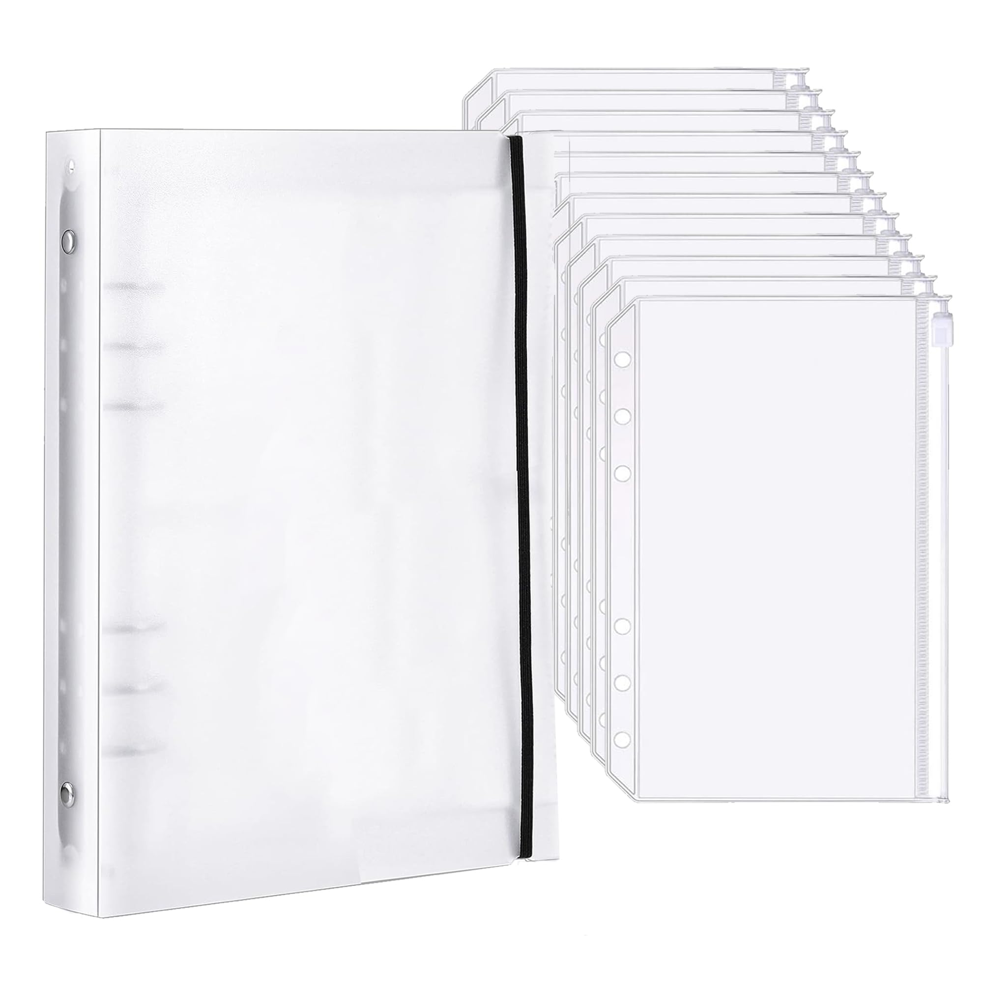 YEYIT A5 Ring Binder with 12 Pcs Binder Pockets and 1 Pcs Binder Cover, Plastic Transparent Waterproof Cash Budget Envelope, Zipper Binder File Pockets with Holes Plastic Money Wallets for Cash