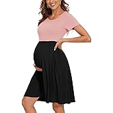 WOOXIO Women's Short Sleeve Maternity Dress Patchwork Pregnancy Clothes with Pockets