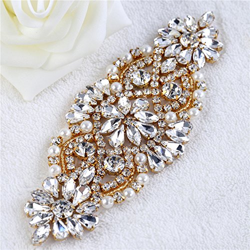 Iron on Rhinestone Applique Pearls Crystal Wedding Bridal Applique Sew on Beaded Applique Diamante Small Patch Embellishment Flower for Dress Sash Belt Cloth Headband Garter Shoe Heel Hairpiece(Gold)