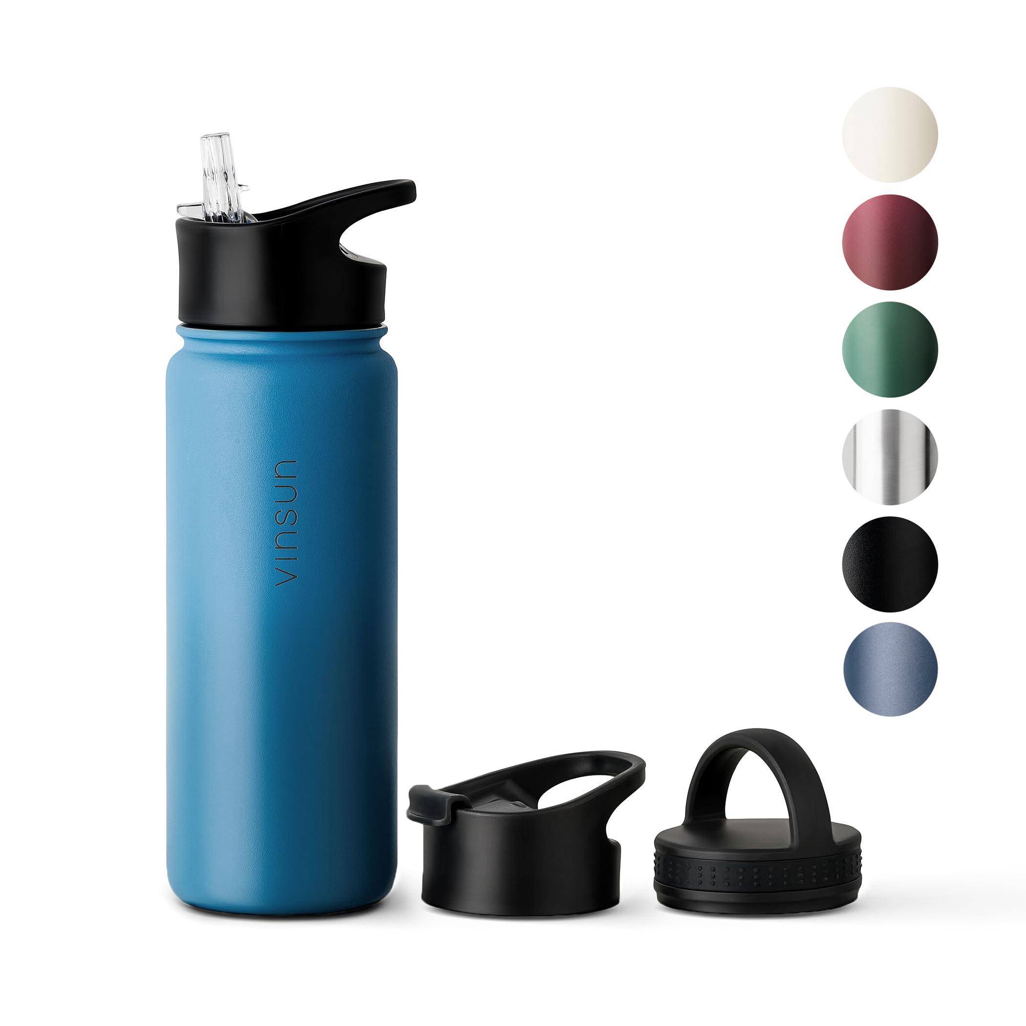 Vinsun Stainless Steel Water Bottle 500ml - Leakproof, BPA Free, Hot and Cold Drinks - 3 Lids - Vacuum Insulated Thermo Flask - Travel, Sports, Bike, School, Work