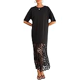 LOLONG Womens Short Sleeve Lace Patchwork Maxi Dress Summer 2026 Crew Neck Casual Long Dresses