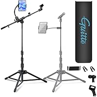 GUITTO Microphone Stand Floor with Phone/Tablet Holder, Adjustable Boom Mic Stand with Heavy-Duty Base, Dual Device Mount for