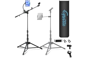 GUITTO Microphone Stand Floor with Phone/Tablet Holder, Adjustable Boom Mic Stand with Heavy-Duty Base, Dual Device Mount for