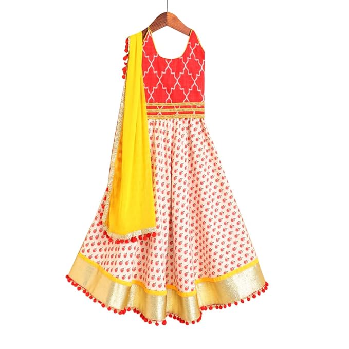 Kids Chakra By Hopscotch Girls Cotton Buds Lehengas & Blouses In Red Color