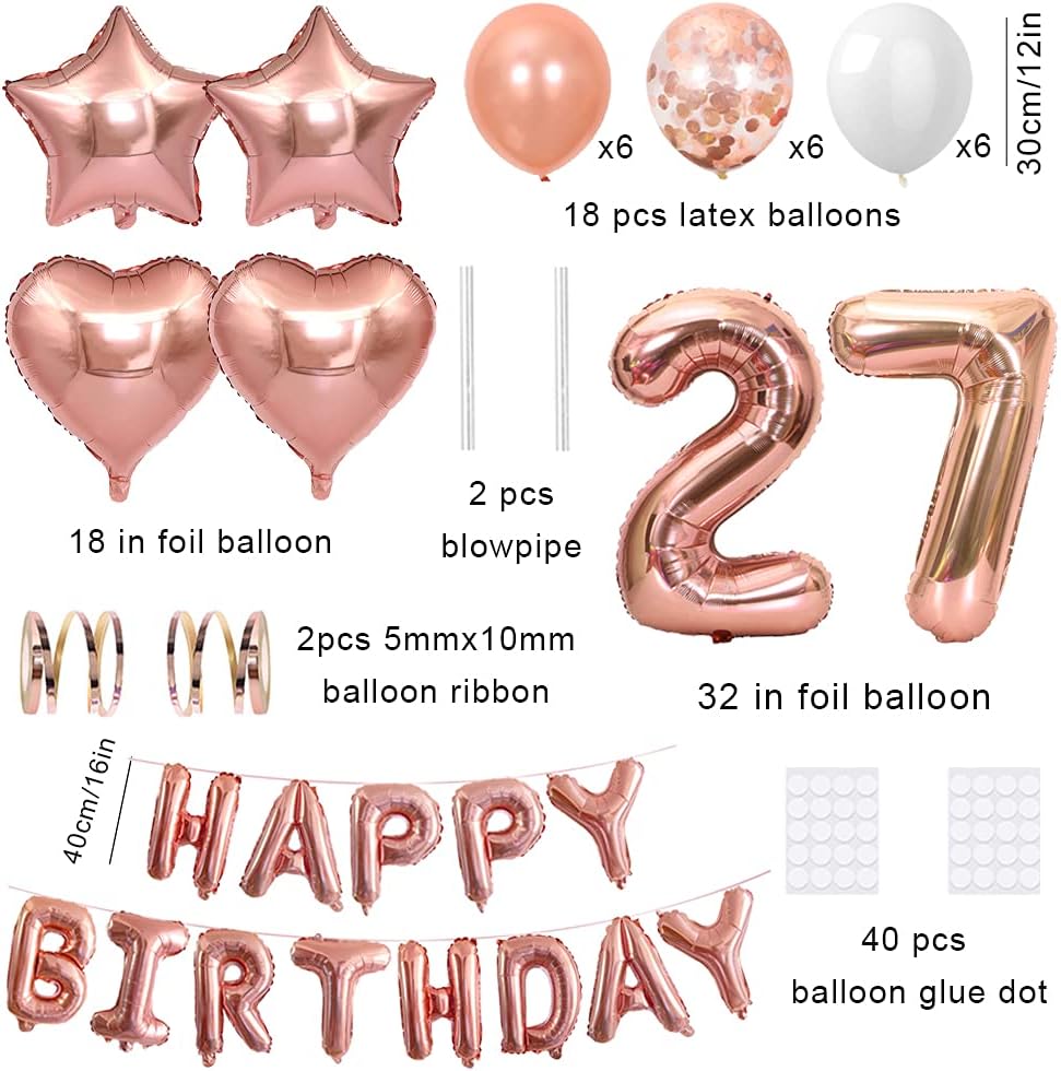 Xihuimay 27th Birthday Decoration Set, Happy Birthday Banner, Helium Balloons, Number 27 Balloon, Confetti, Latex - Image 3