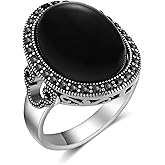 Mytys Retro Vintage Cocktail Statement Ring Black Marcasite & Crystal Rings for Women Antique Silver Big Black Onyx Stone Ring