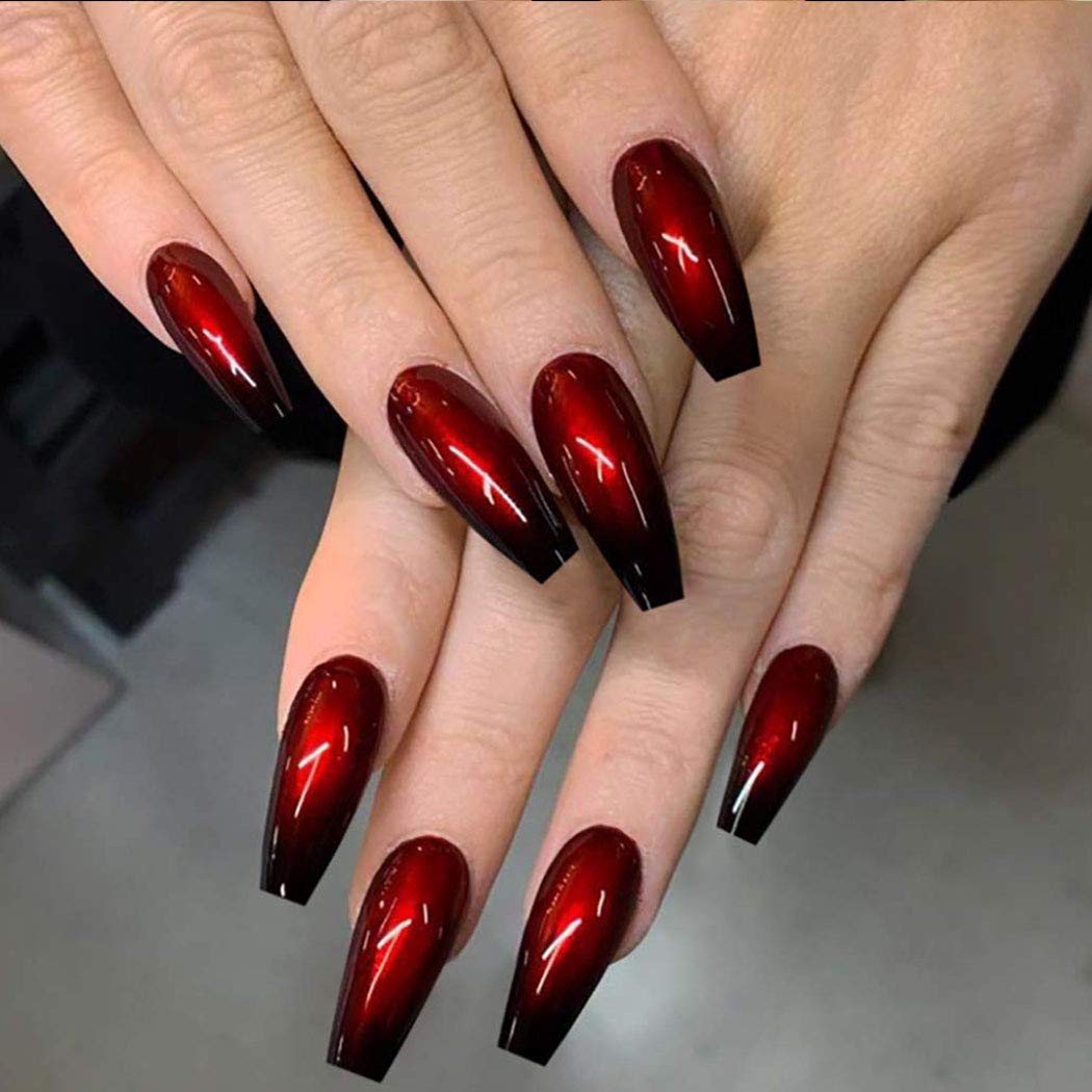 Handcess Coffin Glossy False Nails Long Black & Red Ballerina Press On Nails Gradient Acrylic Art Full Cover Fake Nails (24 Pcs)