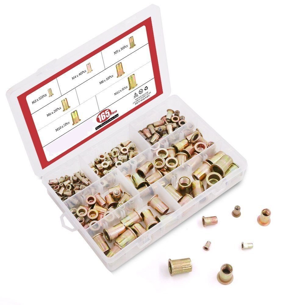 DollaTek 165Pcs Zinc Plated Carbon Steel Rivet Nut Insert Nutsert M3 M4 M5 M6 M8 M10 M12