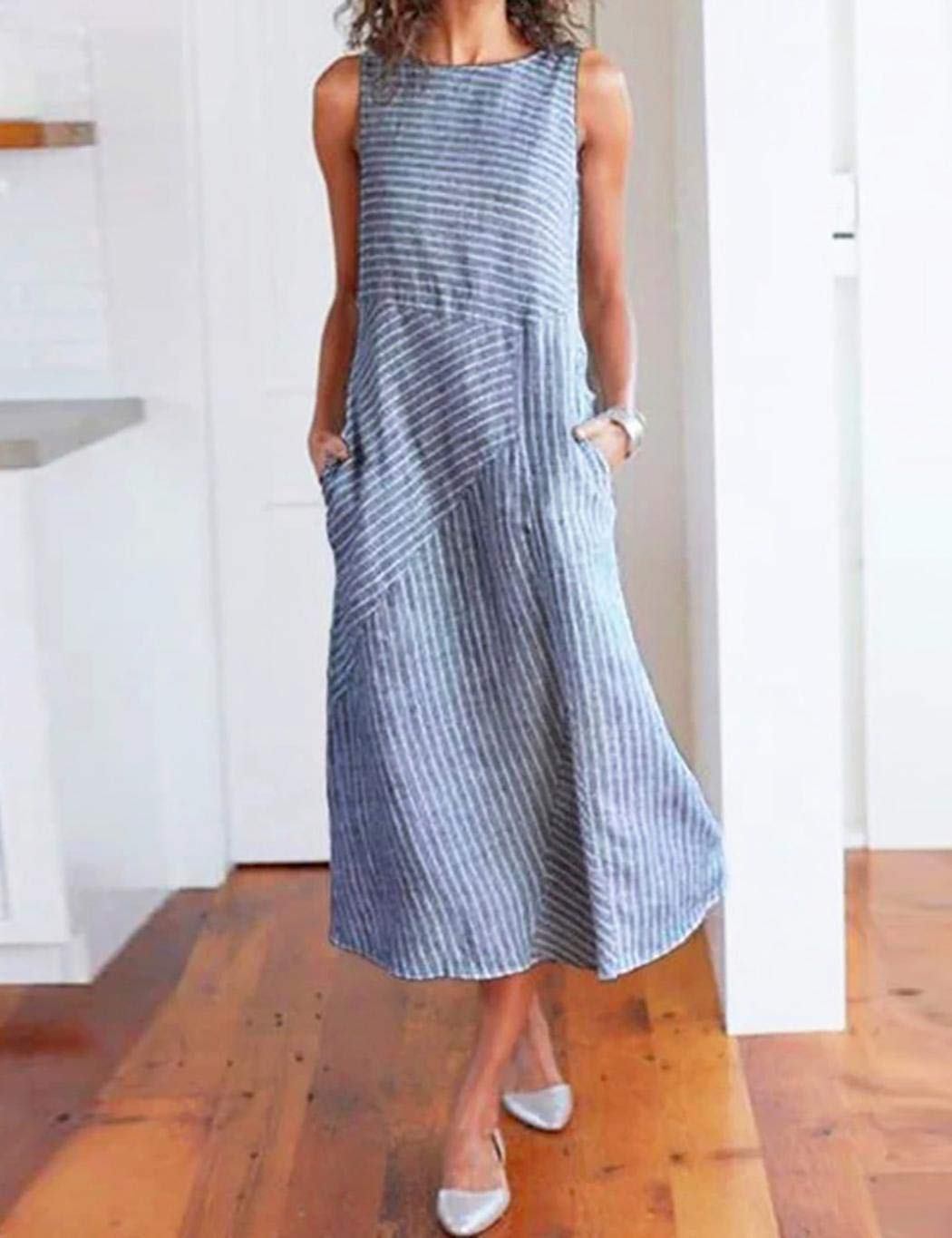 UpBeauty Women Casual Striped Sleeveless Loose Beach Long Dress with Pockets Dresses Light Blue