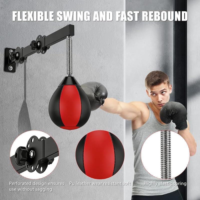 Table de punching ball - Pour montage mural - Avec suspension - Sac de frappe suspendu avec ressorts - Pour la gym à la maison, l'entraînement, la réduction du stress - Rouge et noir