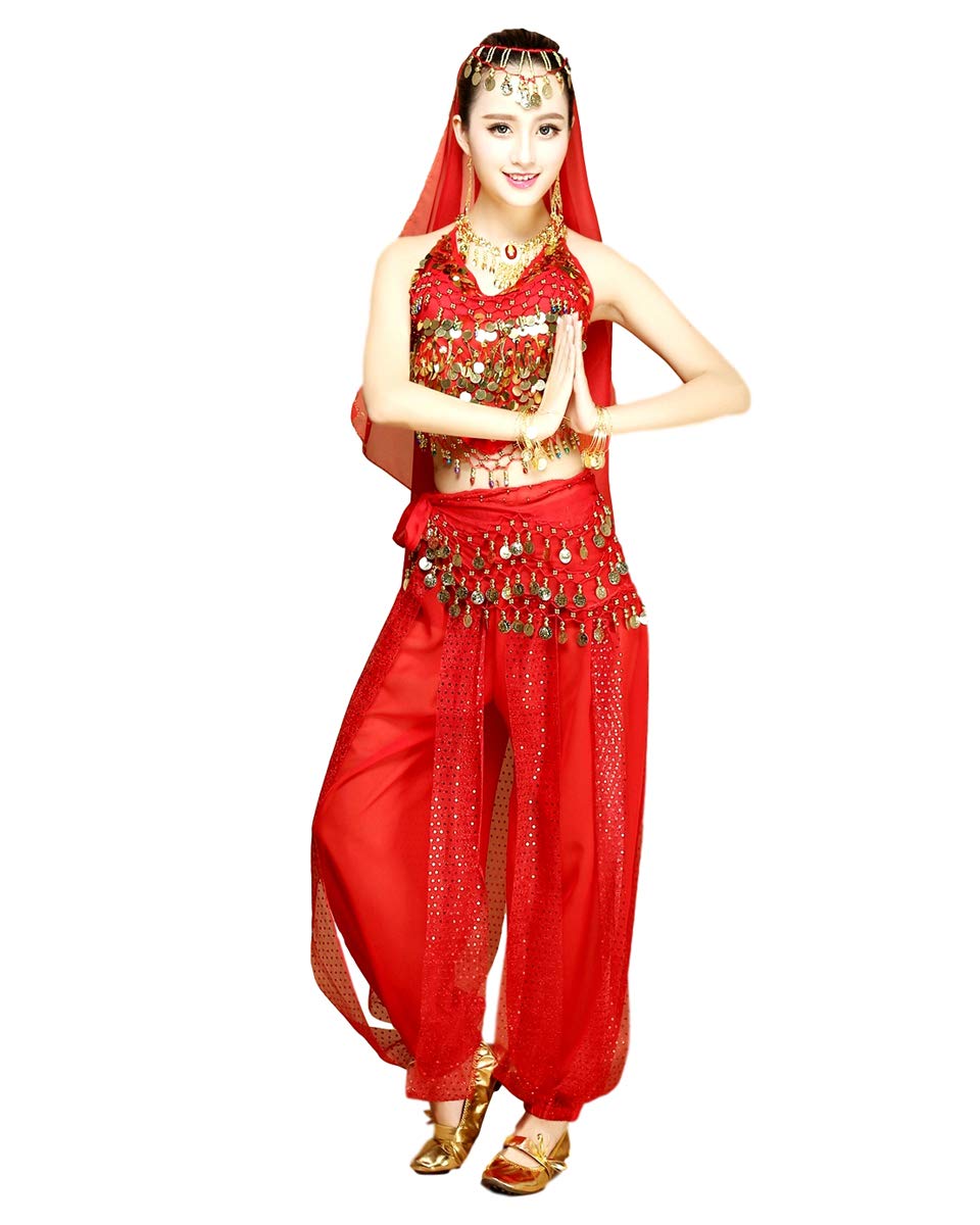 Grouptap Womens belly dancer 4-piece costume set outfit red with top pants head veil hip scarf for Arabian Egyptian dancing (Red, 150-170cm, 45-65kg)