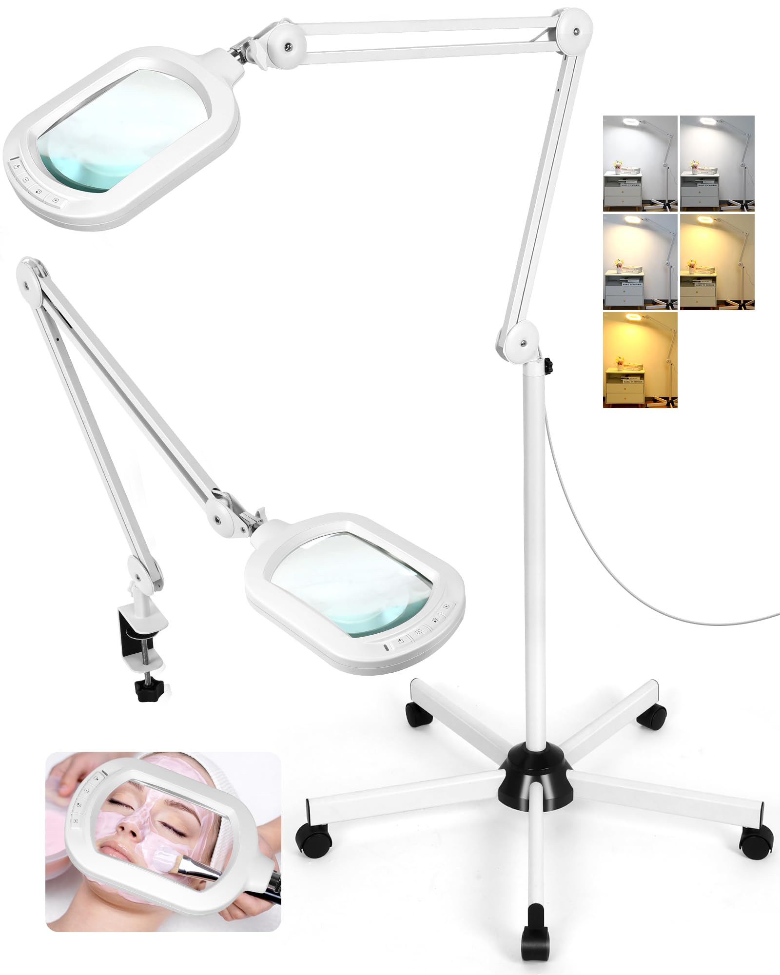 Photo 1 of 10X Magnifying Glass with Light and Stand, Large Rectangle Optical Glass Lens Floor lamp with 5 Wheels Rolling Base, 5 Color Modes LED Lighted Hands Free Magnifier for Reading Esthetician Facial Craft
