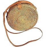 Kbinter Handwoven Round Rattan Straw Bag for Women Shoulder Leather Button Straps Natural Chic Handmade Boho Bag Bali Purse