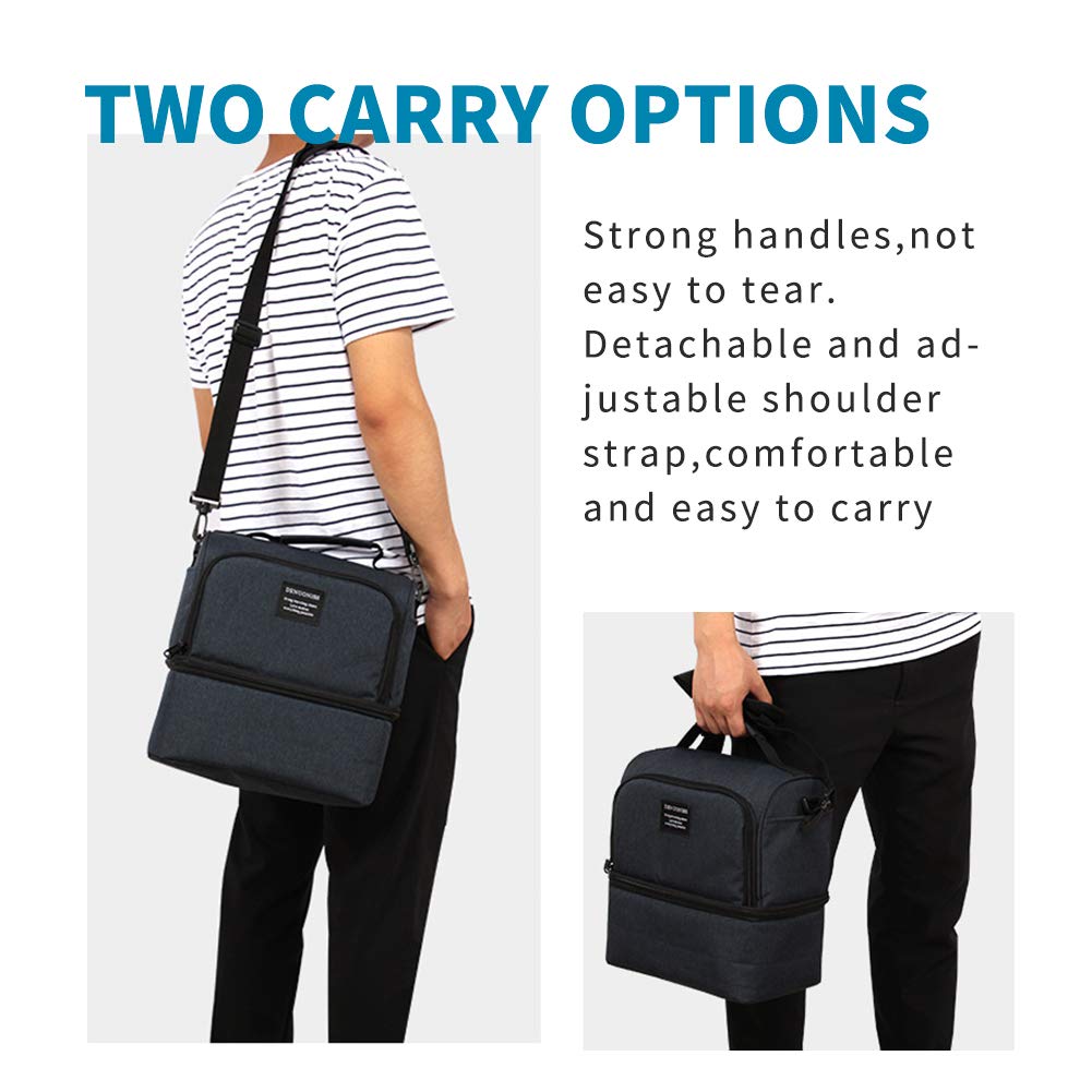 Lunch Bag Insulated Lunch Box, 2 Compartment Leakproof Cooler Tote Bag with Sturdy YKK Zippers for Men,Women,Kids, Thermal Lunch Food Bag for Office Picnic Travel School - Black