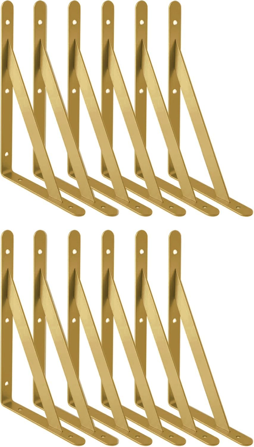 12 Pcs Gold Shelf Brackets Triangle Shelving Brackets Right Angle Wall Mounted Shelf Supporters 6 Inch — image 1