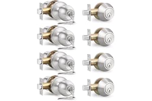 Brotima 4 Pack Keyed Entry Door Knob and Single Cylinder Deadbolt Combination Set in Satin Nickel, Keyed Alike Exterior Knob Door Handle and Deadbolt Lock and Key, Round Locking Lever Handle Set