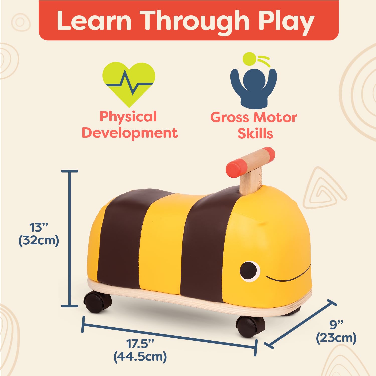 B. toys- Boom Buggy- Ride On- Wooden Ride On for Toddlers – Handle & 4 Smooth Wheels – Push & Roll Bee – 18 Months +