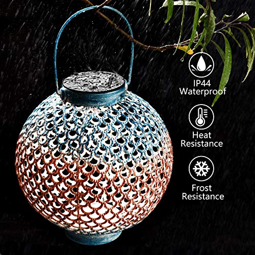 Solar Lanterns Outdoor Hanging Solar Lights with Handle Retro Waterproof Solar Garden Lantern Decor for Yard Tree Fence Patio, Blue and Brown