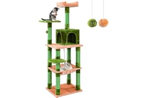 PAWSCRAT Cat Tree for Large Cats, 68 Inch Cat Tower for Indoor Cats, Tires Multi-Level Cat Condo with Cat Scratching Posts, Cozy Perch, Cat Condo, Dangling Balls, Cactus Cat Tree