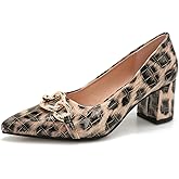 qibusleen Women's Sexy Leopard Print Pointed Toe Metal Chain Pumps Shoes Low Chunky Block Slip On Patent Leather Heels for Women Wedding Daily Party Dress Shoes 2.36 Inch
