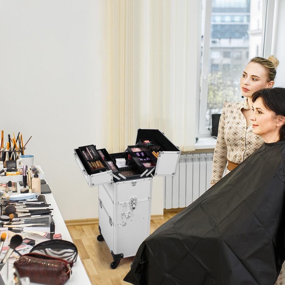 Yaheetech 3 in 1 Professional Aluminum Rolling Makeup Trolley Artist Train Case Cosmetic Organizer Makeup Case(4 wheeler accessories) Silver