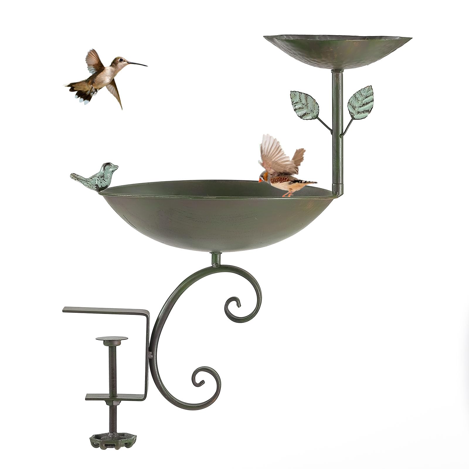Photo 1 of CaliDecor Deck Mounted Bird Bath and Feeder, 2 in 1 Birdbaths for Outdoors Balcony Railing with Sturdy Metal Clamp Suitable for Garden Porch Backyard, Green