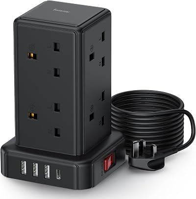 Sameriver Tower Extension Lead 3M 13A 3250W 8 AC Outlets 4 USB Surge Protected