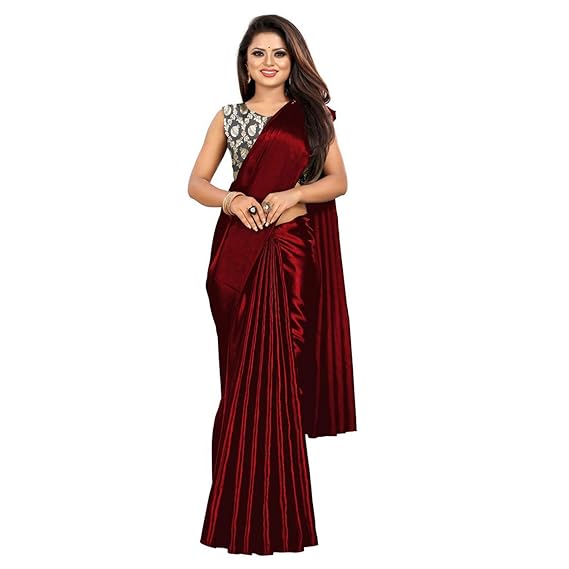 Women's Mesmerizing Maroon Draped Satin Silk Plain Saree With Jacquard Blouse