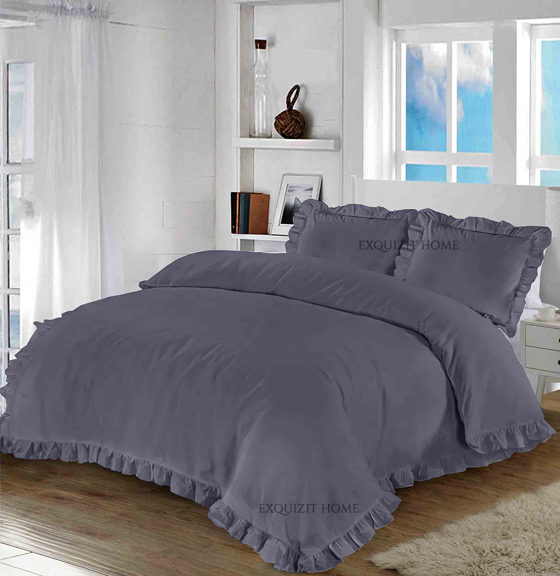 EXQUIZIT HOME® Duvet Cover & Pillowcase Set – Easy Care Polycotton Ruffle Frill Santiago Bedding | Soft Breathable Quilt Cover | Luxury Bedroom Decor (Grey King 230×220cm)