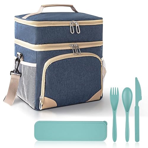 LIUCONGBD Insulated Lunch Bag for Women Men with Cutlery Set, Leekproof Thermal Double Decker Lunch Box Adults, Waterproof Cooler Bento Box for School Outdoor Work Picnic Travel