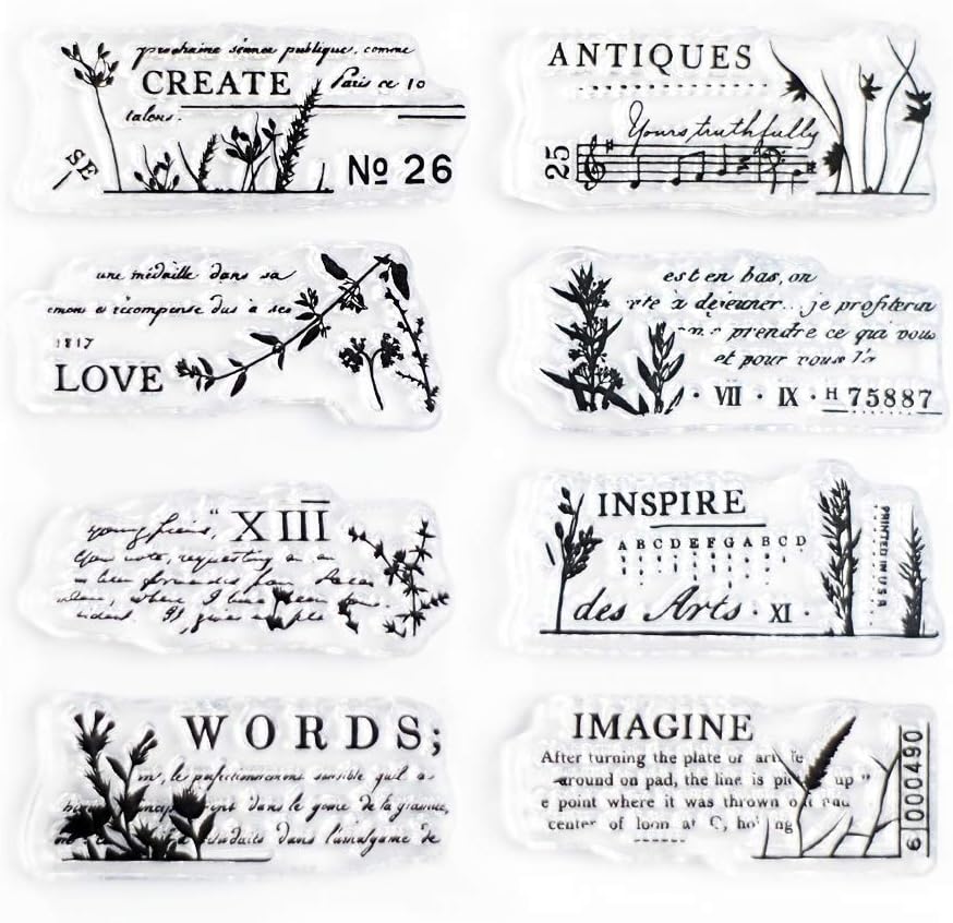 Floral Words Small Clear Stamps 4x4 inch by Wintertime Crafts for Scrapbooking and Art Journals, Vintage Inspirational Stamps