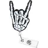 Rock On Sign Bones Funny Badge Reel, Fun Retractable ID Card Badge Holder, Name Tag Work Badge Clip for Radiology Rad Tech RT Nurses Radiation Workers, Cool Nurse & Tech Halloween Gifts