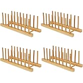 Yuixoseu Bamboo Dish Drying Rack Kitchen Cabinet Organizer, Plate Pot Lid Organizer, Wooden Drying Rack Stand Drainer for Dish, Pots, Lids, Bowls, Cups, and Cutting Boards and Books (4PCS)