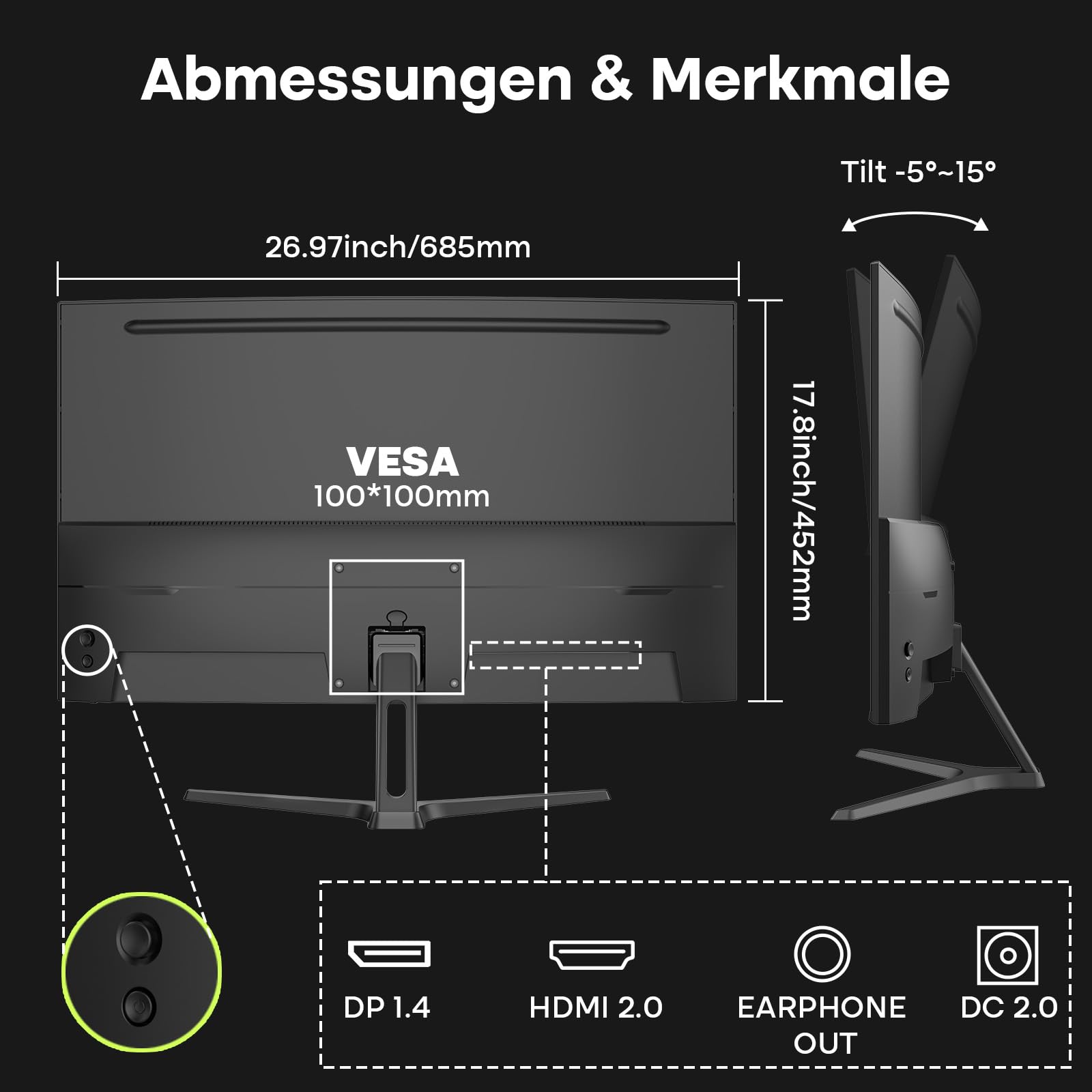 Amzfast 27 Zoll Curved Gaming Monitor 240Hz, 1920x1080 Full HD, VA Panel, 1500R, 1ms MPRT, Adaptive Sync, 4000:1 Kontrast, 95% DCI-P3, 130% sRGB, HDR, HDMI 2.0&DP 1.4, VESA 100x100mm, AMZG27C1 Pro 9