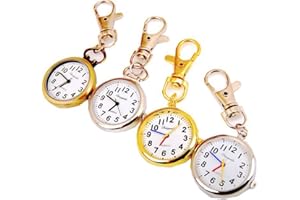 ZIMI 4 PCS Round Analog Women's Men's Nurses Keychain Key Ring Watch Simple Easy to Read time Quartz Unisex Pendant Clock