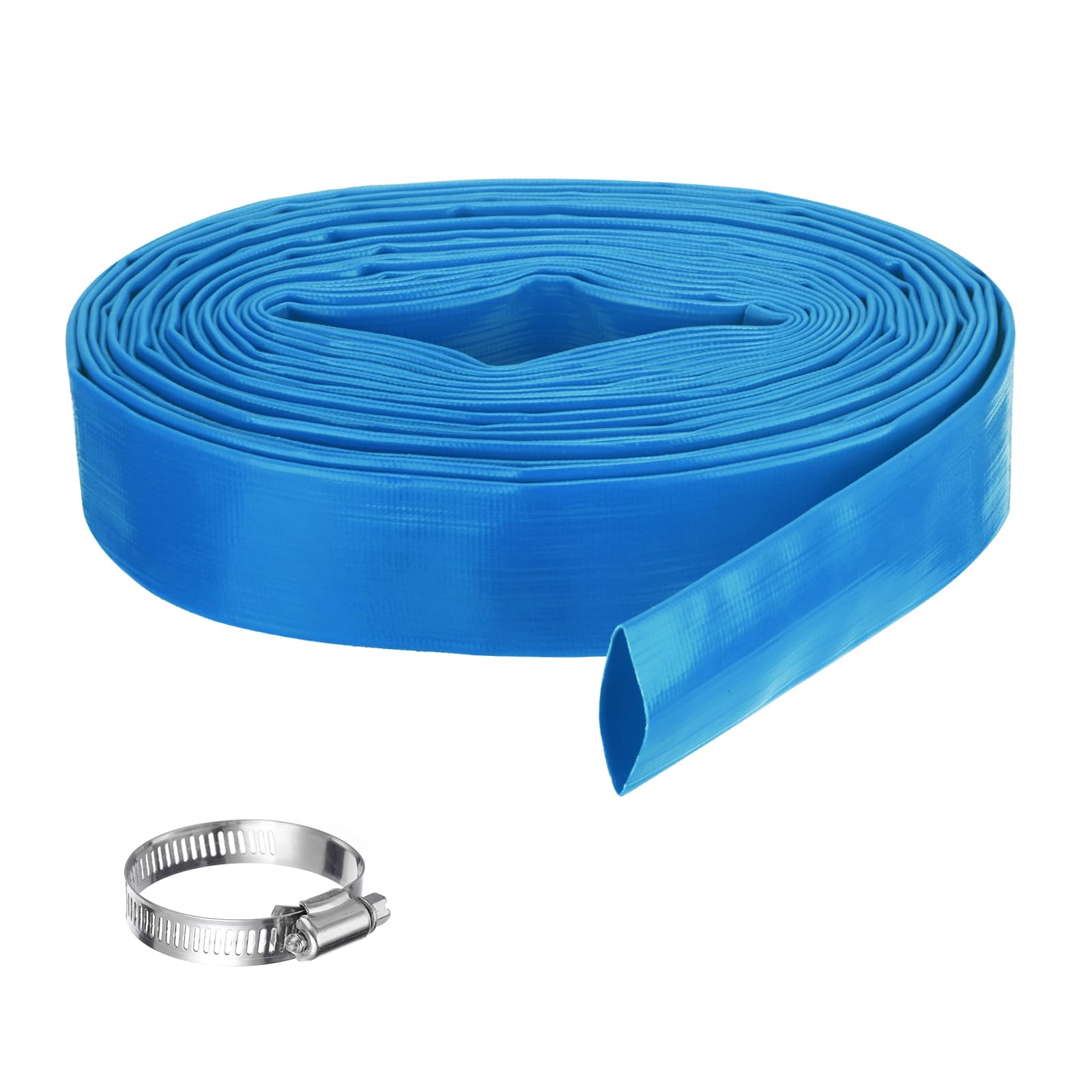 Rebower Pool Backwash Hose, 1.5 Inch x 50ft Reinforced Drain Hose PVC Lay Flat Water Discharge Pump Hoses for Pool Filter Swimming Pump, with 1pcs Clamps, Blue