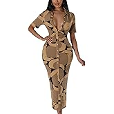 ZERMOM Women's Button Down Shirt Dress Short Sleeve Print Collar V Neck Summer Bodycon Midi Dresses