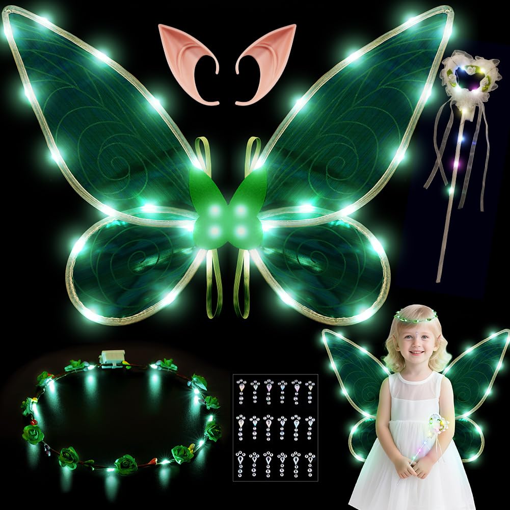 AOOWU Light up Fairy Wings, Kids Butterfly Wings Cape Fairy Angel Princess Costume Fairies Wing Set With Wands Crown Ears Flower Headband Diamond Sticker for Halloween Birthday Chrismas (E)