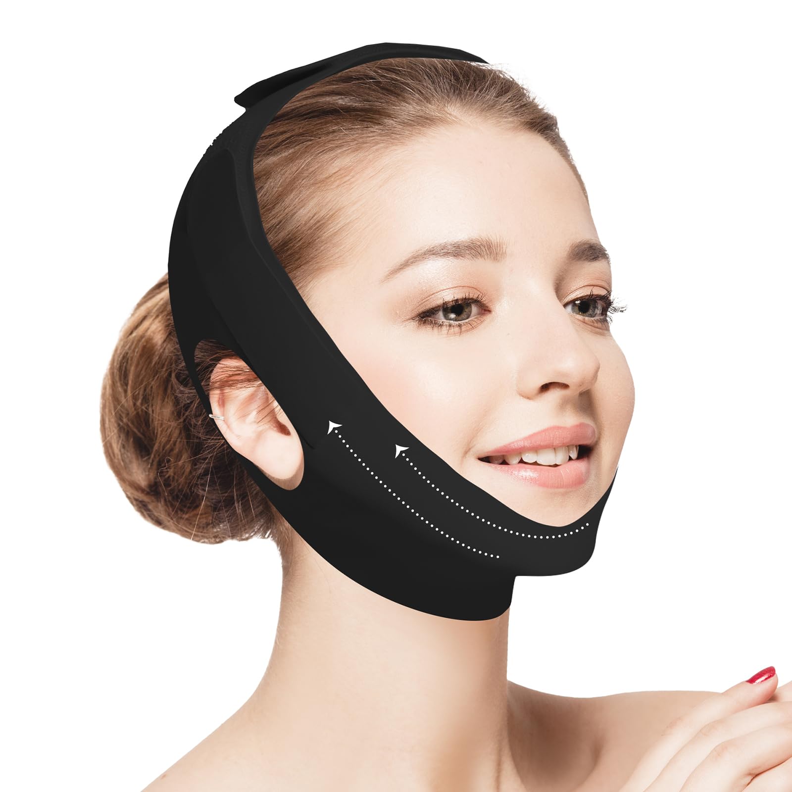 Photo 1 of Jawline Shaper Chin Strap for Sleeping, Reusable V-Line Mask for Women Face Lifting Made w/Electric-Hot-Press Tech for Skin-Friendly & Breathable Cooling Fabric (Black, M)