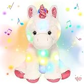 Hopearl LED Musical Stuffed Unicorn Light up Singing Plush Toy Adjustable Volume Lullaby Animated Soothe Birthday Festival for Kids Toddler Girls, White, 13''